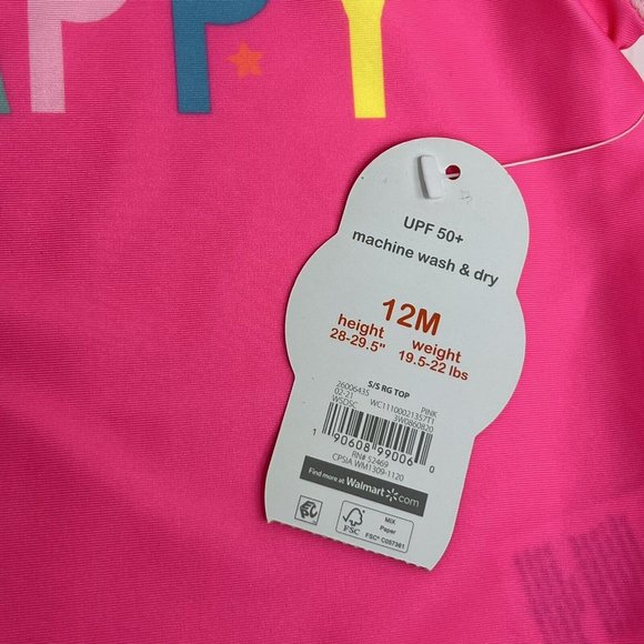 Wonder Nation Girls Baby Size 12 Months Rash Guard Swim Shirt Pink Neon Happy - Picture 7 of 12